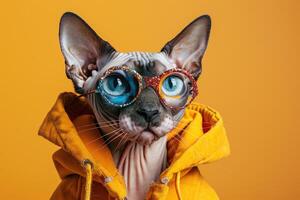 Sphynx Cat Wearing Yellow Hoodie and Glittery Glasses photo