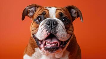 A Close-Up Portrait of a Smiling Bulldog Against an Orange Background photo