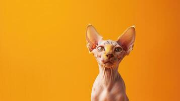 Hairless Cat with Big Green Eyes Against Orange Background photo