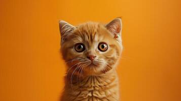 A Close-Up of a Ginger Kitten with Wide Eyes Against an Orange Background photo