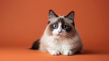 A Ragdoll Cat with Blue Eyes on an Orange Background photo