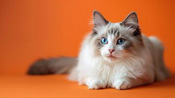 White Ragdoll Cat with Blue Eyes on Orange Background photo