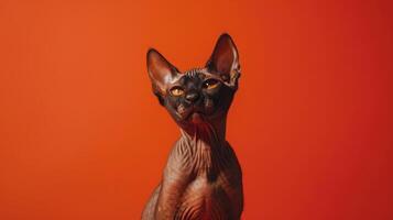 Hairless Black Cat with Yellow Eyes on Orange Background photo