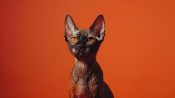 Portrait of a Black Sphynx Cat with Orange Eyes Against an Orange Background photo