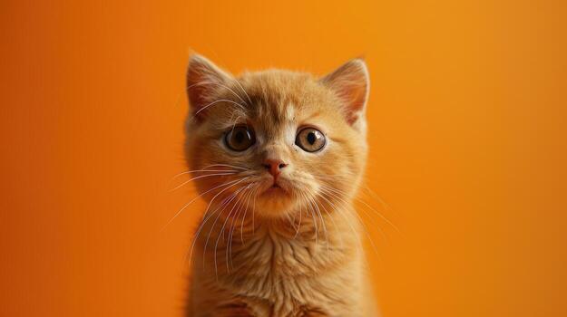 Close-up Portrait of a Ginger Kitten with Curious Eyes Against an Orange Background photo