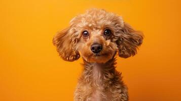A Cute Brown Poodle with Floppy Ears Against a Yellow Background photo