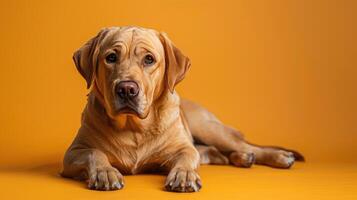 Golden Retriever Dog Lying on Yellow Background photo