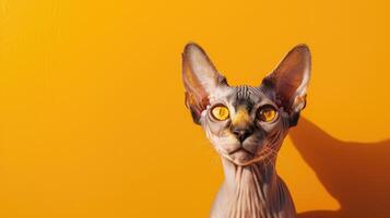 Sphynx Cat with Yellow Eyes Against Yellow Background photo