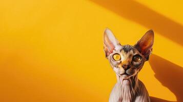 Hairless Cat with Yellow Eyes Against a Yellow Background photo