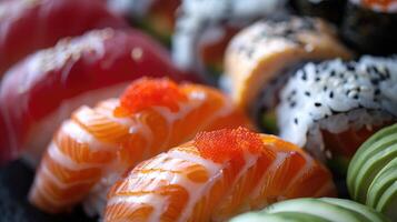 Close-up of Salmon Nigiri Sushi with Red Caviar and Avocado Garnish photo