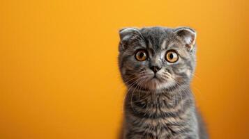 Close-up of a Gray Tabby Cat with Large, Round, Yellow Eyes Looking Directly at the Camera photo