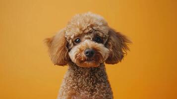 A Brown Poodle with a Serious Expression Against a Yellow Background photo