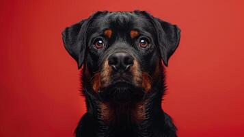 Close-up Portrait of a Rottweiler Dog with Red Background photo