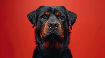 Close-up Portrait of a Rottweiler Dog with a Red Background photo