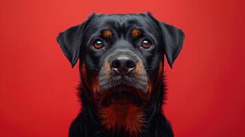 Close-up Portrait of a Black and Tan Rottweiler Dog Against a Red Background photo