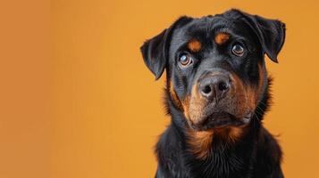 Close-up Portrait of a Rottweiler with Brown Eyes Against an Orange Background photo