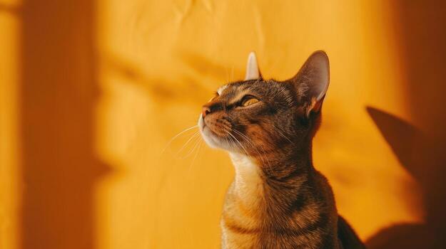 A Curious Cat Gazing Upward Against a Yellow Background photo