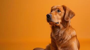 Golden Retriever Dog Looking Up on a Yellow Background photo