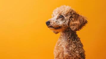 A Small Brown Dog with Curly Fur Looking to the Side Against a Yellow Background photo
