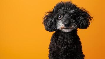 Black Poodle with White Facial Features Against a Vibrant Orange Background photo
