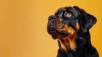 Close-up of a Rottweiler's Face Against a Yellow Background photo