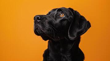 Black Labrador Retriever Looking Upward Against Orange Background photo
