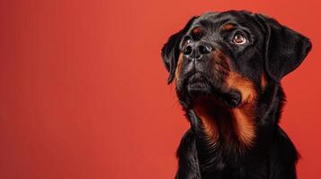 Close-up Portrait of a Rottweiler Dog with Red Background photo