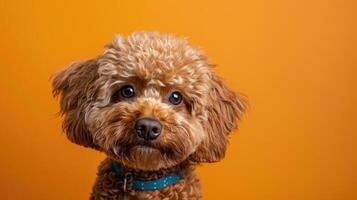 A Close-up Portrait of a Brown and White Curly-Haired Dog with a Blue Collar Against an Orange Background photo