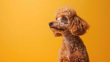 A Brown and White Poodle Facing Right Against a Yellow Background photo