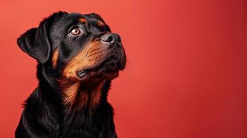 Rottweiler Dog Looking Upwards Against a Red Background photo