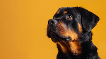 Close-up Portrait of a Rottweiler Dog with Brown Eyes Looking Upward photo