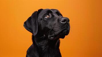 Black Labrador Retriever Dog Looking Upward Against Orange Background photo