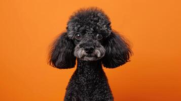 Black Poodle with Curly Fur Looking Directly at the Camera photo
