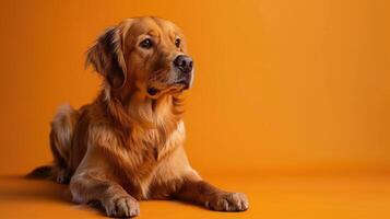 Golden Retriever Dog Lying Down on Orange Background photo