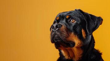 Close-up of a Rottweiler's Face Looking Upward Against a Yellow Background photo