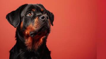 Close-up Portrait of a Rottweiler Dog Looking Upwards Against a Red Background photo