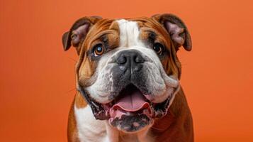 Portrait of a Brown and White Bulldog with an Open Mouth photo