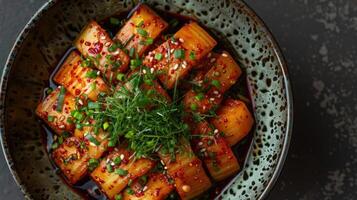 Spicy Kimchi with Green Onions and Sesame Seeds in a Bowl photo