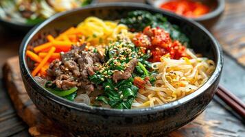 Close-up of a Bowl of Bibimbap with Beef, Vegetables, and Sesame Seeds photo