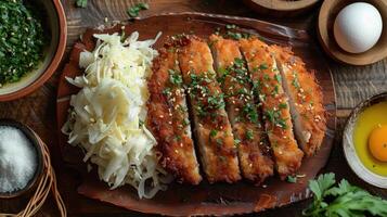 Crispy Fried Chicken Cutlets with Sesame Seeds, Parsley, and Shredded Cabbage photo
