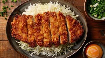 Crispy Fried Pork Cutlets with Shredded Cabbage and a Raw Egg photo