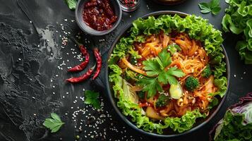 Stir-fried Noodles with Broccoli, Onions, and Chili Peppers in a Bowl photo