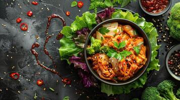 Kimchi with Broccoli and Sesame Seeds in a Black Bowl photo