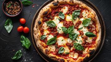 Pizza with Tomato Sauce, Mozzarella, and Basil on a Black Background photo