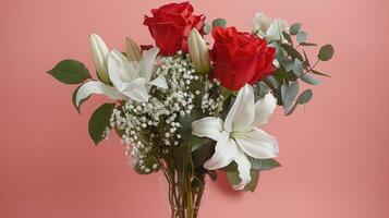 Red Roses and White Lilies in a Vase photo