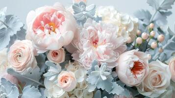 Close-up of Pastel Pink and White Flowers with Gray Foliage photo