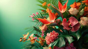 Close-up of Tropical Flowers and Foliage with a Green Background photo
