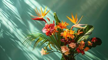 Tropical Flower Bouquet in Sunlight with Green Background photo