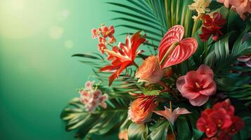 Lush Tropical Flower Arrangement with Green Foliage photo