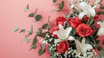 Close-up of a Bouquet of Red Roses and White Lilies with Eucalyptus Leaves photo